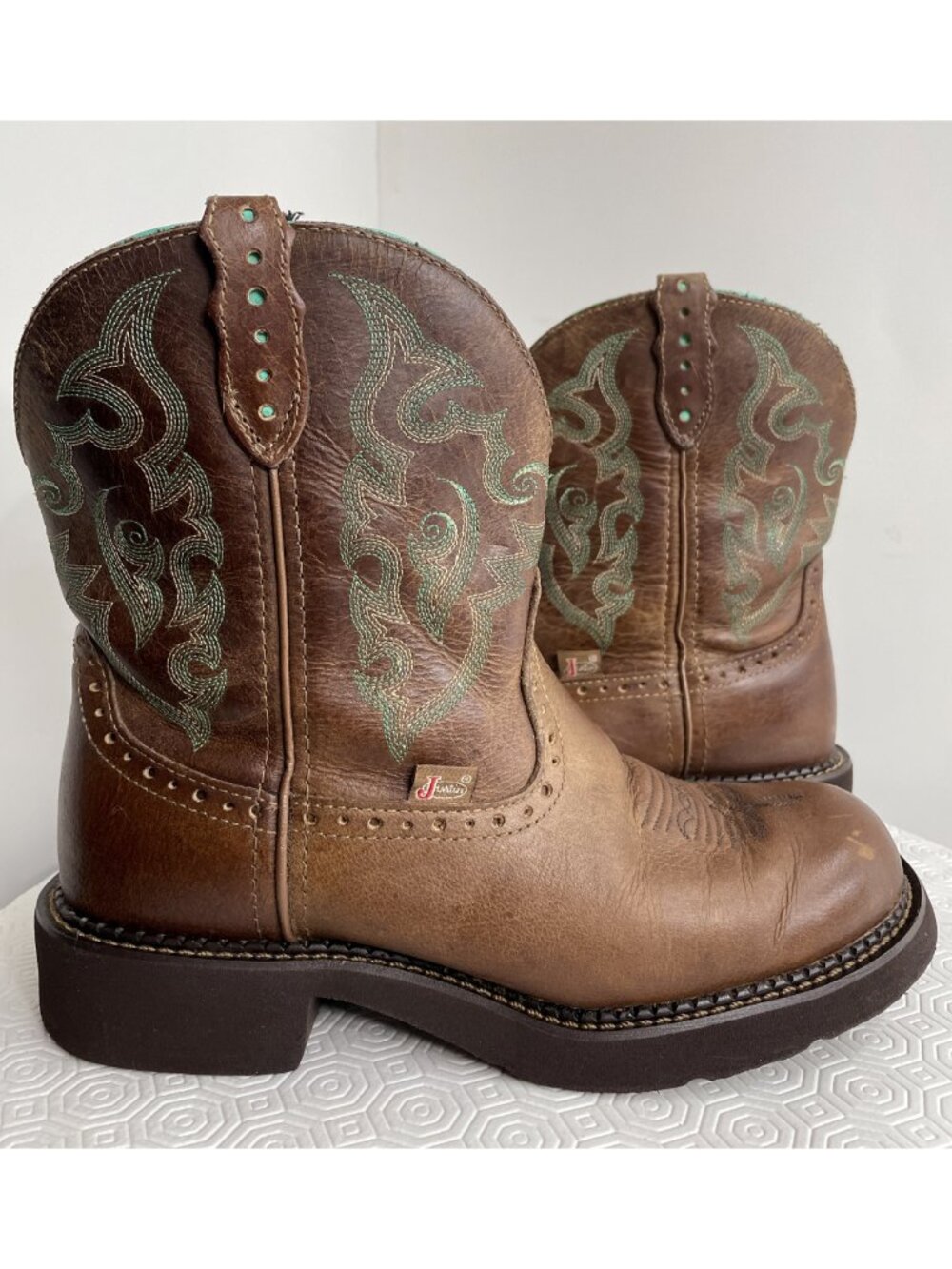 Justin Gypsy L9606 Brown Leather Western Boots Teal Embroidery Women's 9 B